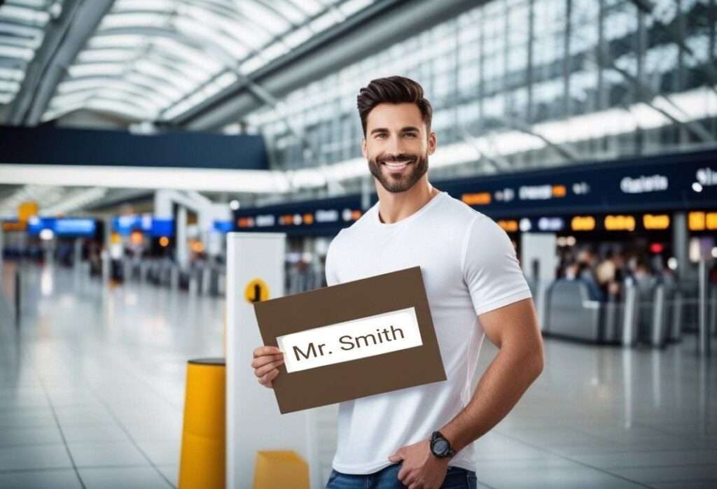 Ein Mann wartet am Flughafen Hamburg auf Herrn Smith